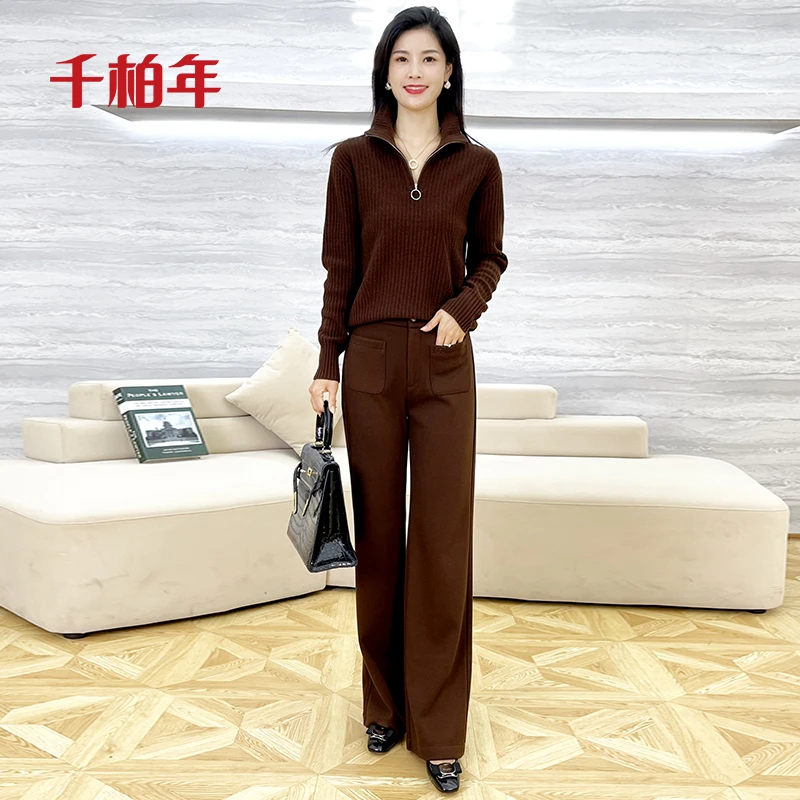 千柏年【魅力密语】100%绵羊毛坑条拉链半开领套头羊毛衫-C1016
