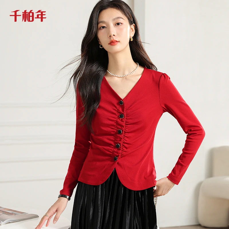 千柏年【思情依人】装饰扣纯色修身V领气质T-C654