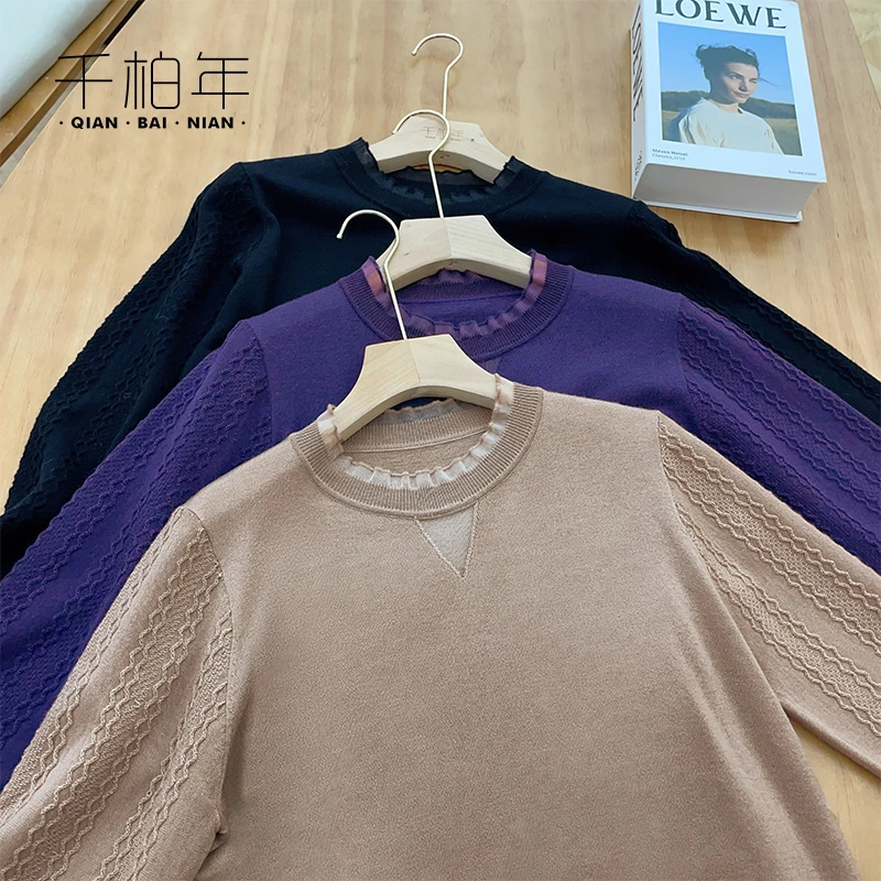 千柏年 品牌【轻熟风】质感洋气蕾丝花边网纱针织衫-B9497