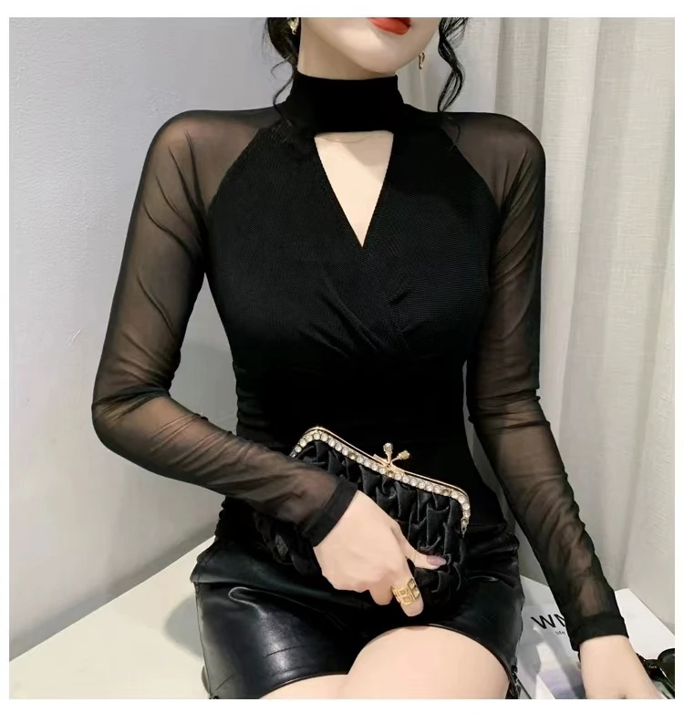 962春装新款性感镂空T恤女长袖欧货洋气上衣气质百搭网纱打底小衫