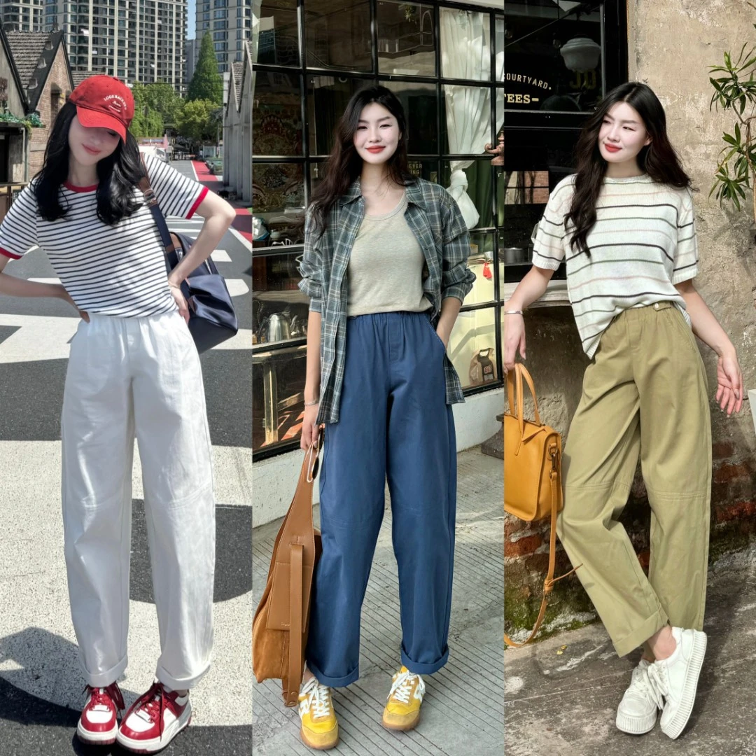 大漂亮今婷【彩气球】舒适纯色时尚松紧腰高腰明线休闲裤-M24202345