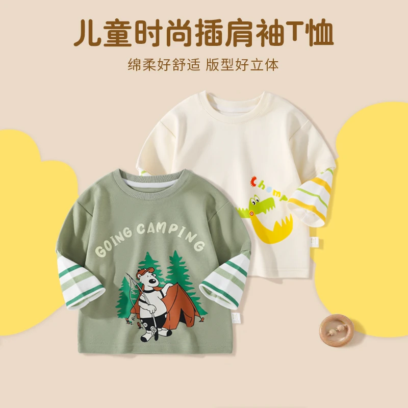 宝宝纯棉套头假两件长袖t恤春秋款男女童洋气上衣清新可爱打底衫