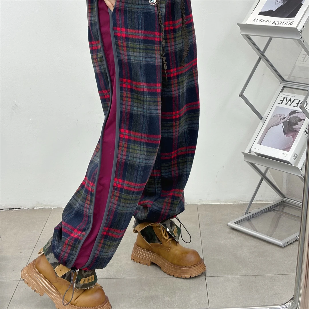 秋冬高腰显瘦英伦格子裤女大码宽松杠条束脚裤哈伦休闲束脚裤子