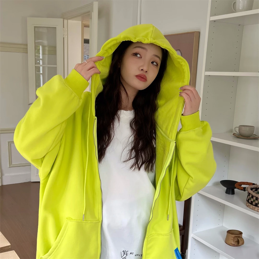 JL SUNFLOWER宽松连帽加绒拉链卫衣帽衫中长款慵懒风连帽女外套
