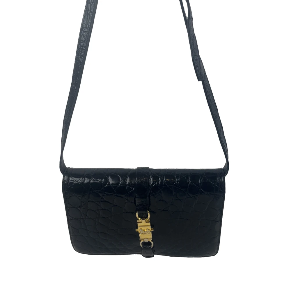 95新 Celine/思琳 黑色鳄鱼女士纹斜挎包时尚 简约翻盖单肩鳄鱼纹