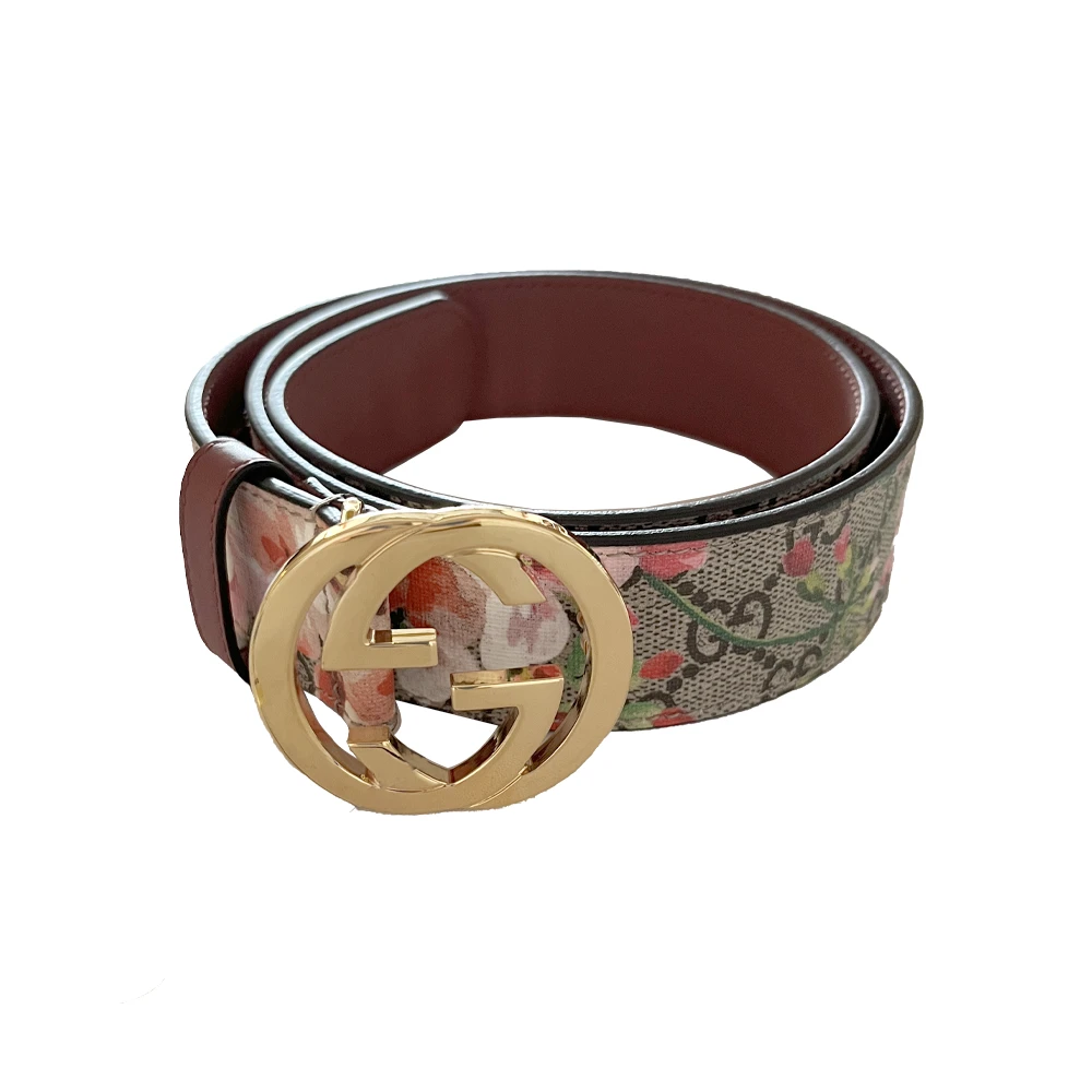 99新 GUCCI/古驰 金扣粉紫色花卉腰带 3.5cm宽 时尚休闲女士花纹