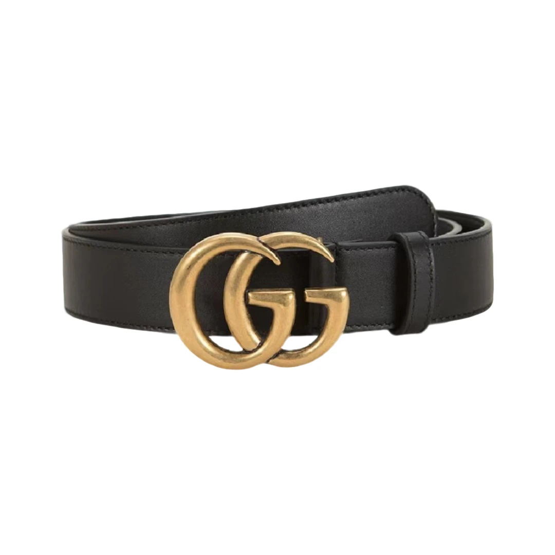 95新 GUCCI/古驰 复古金标黑色光面腰带 3CM宽 时尚百搭 经典简约