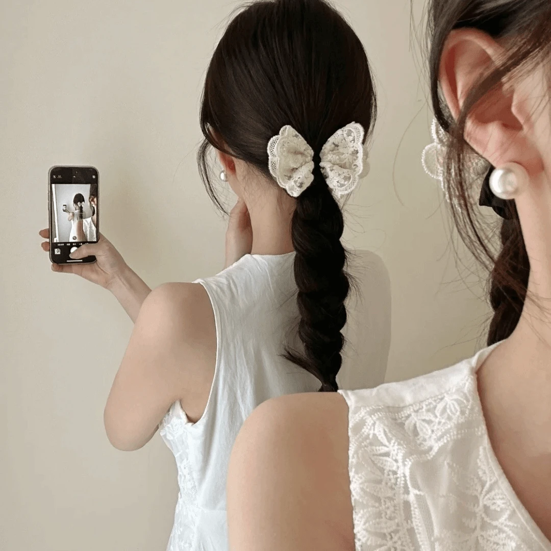 温柔气质千金款蕾丝蝴蝶结头绳发绳韩版时尚白色布艺肠圈弹力皮筋