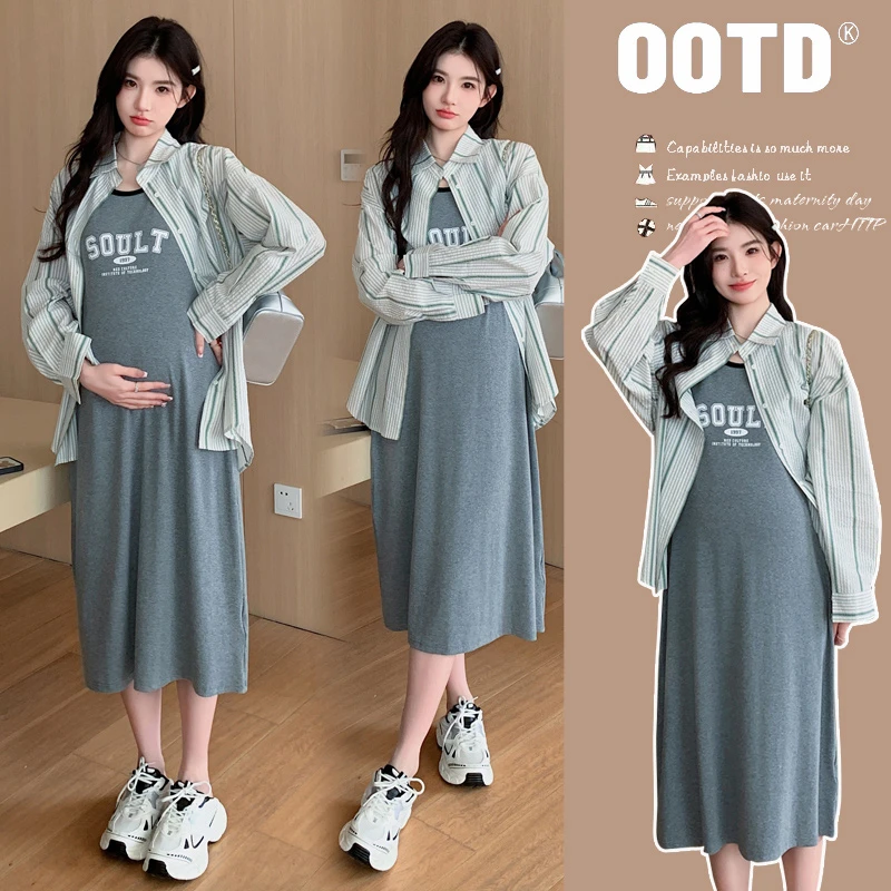 孕妇装2025春秋新款韩版时尚高级感小香风宽松显瘦衬衫连衣裙套装