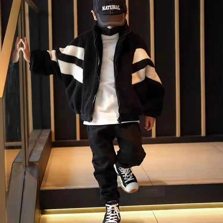 儿童秋冬季男童加绒加厚羊羔绒外套中大童一体绒长袖拉链保暖外套