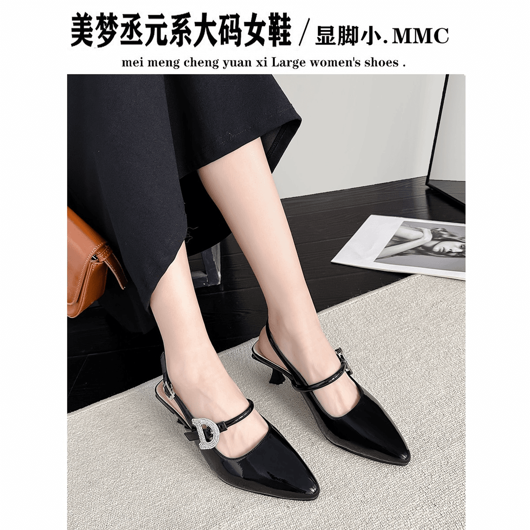 气质凉鞋女夏季尖头细跟高跟鞋水钻一字扣带加宽加肥单鞋胖脚宽脚