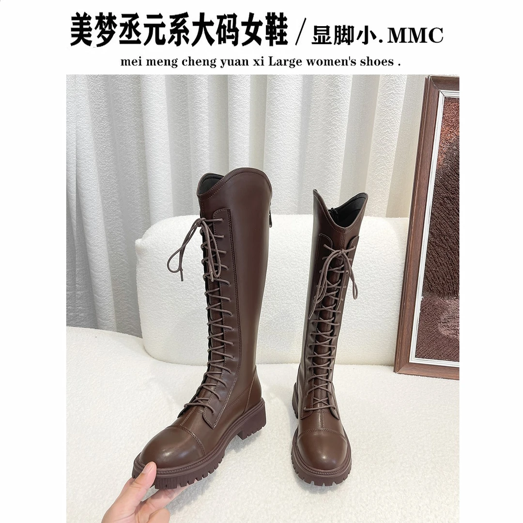 长筒靴女粗腿胖mm大筒围长靴系带高筒骑士靴内增高大码女靴41一43