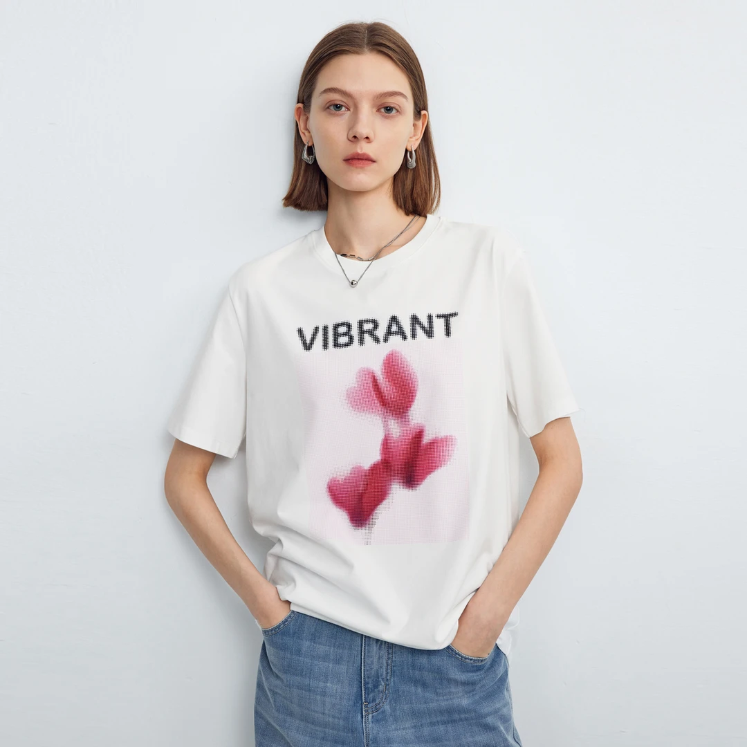 迪赛尼斯夏新款通勤风百搭简约印花宽松圆领短袖T恤女