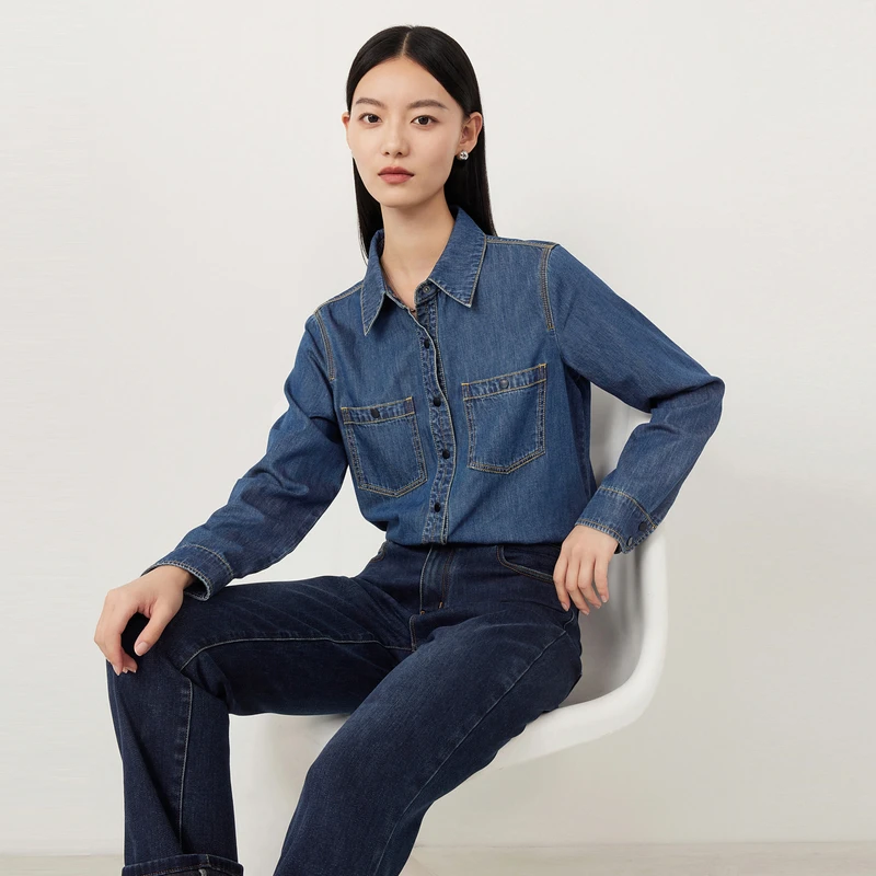 迪赛尼斯春秋全棉衬衣复古叠穿上衣通勤长袖牛仔翻领衬衫女