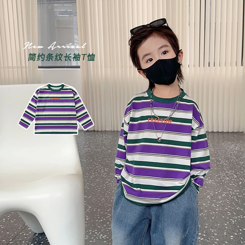 【秋款上新】男童印花条纹长袖t恤秋装秋款童装打底衫小童上衣X4099