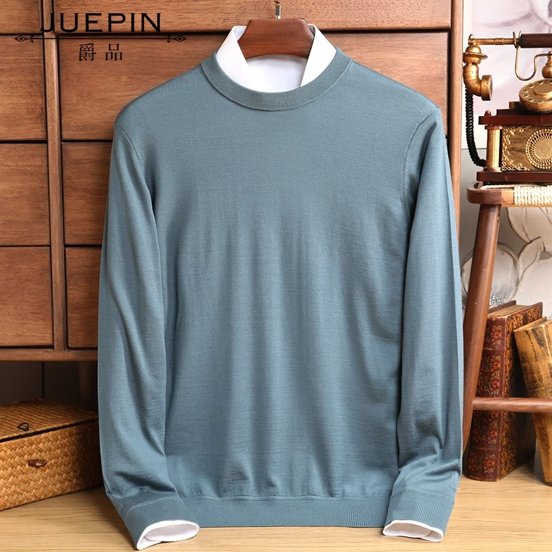 低圆领长袖【100%精纺羊毛衫】可机洗秋冬男士纯羊毛打底衫JP568