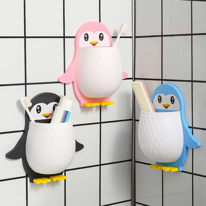 创意卡通企鹅置物架化妆工具宿舍卫生间牙刷床头手机壁挂收整理盒