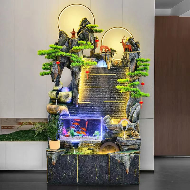 山水秋铭新中式假山鱼缸餐厅落地摆件高山流水喷泉办公室装饰水景