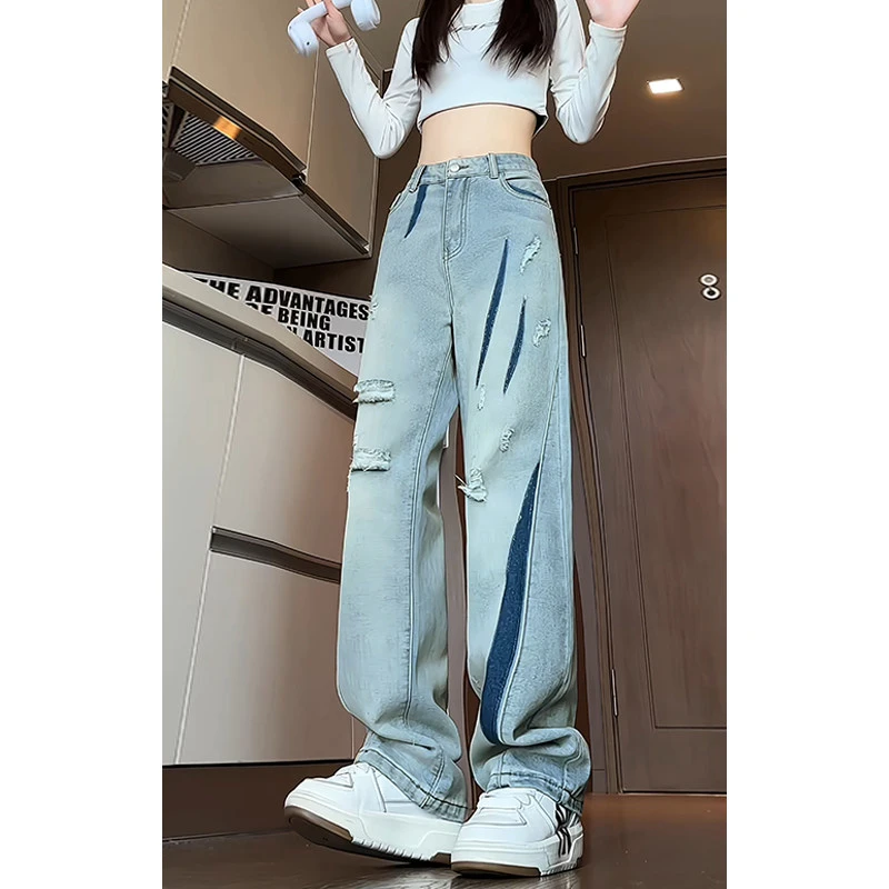 美式潮流oversize裤子高级感设计感拼色破洞牛仔裤高街男裤阔腿裤