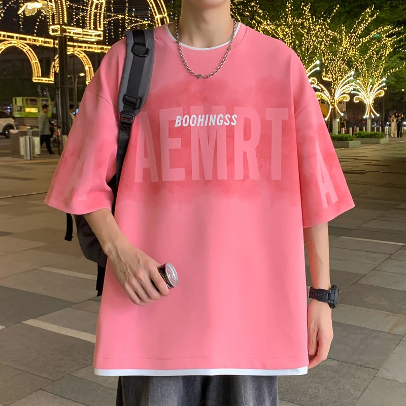 假两件短袖T恤美式潮牌帅气潮流休闲五分袖男款夏季粉色宽松上衣