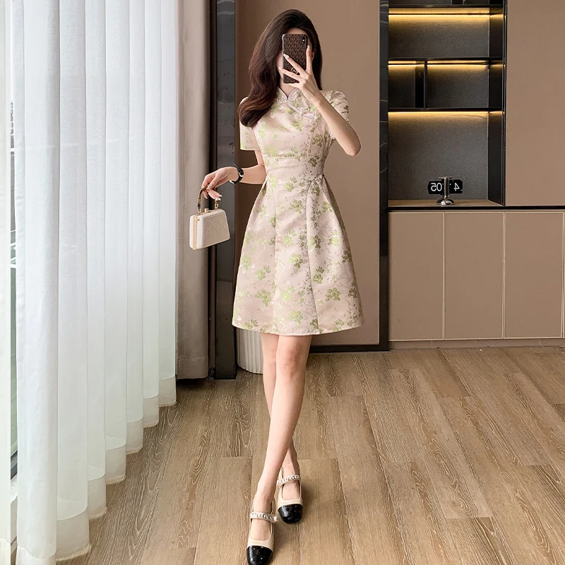 纳霍浦勒款女装小个子新中式连衣裙高级感夏款改良碎花收腰A字裙