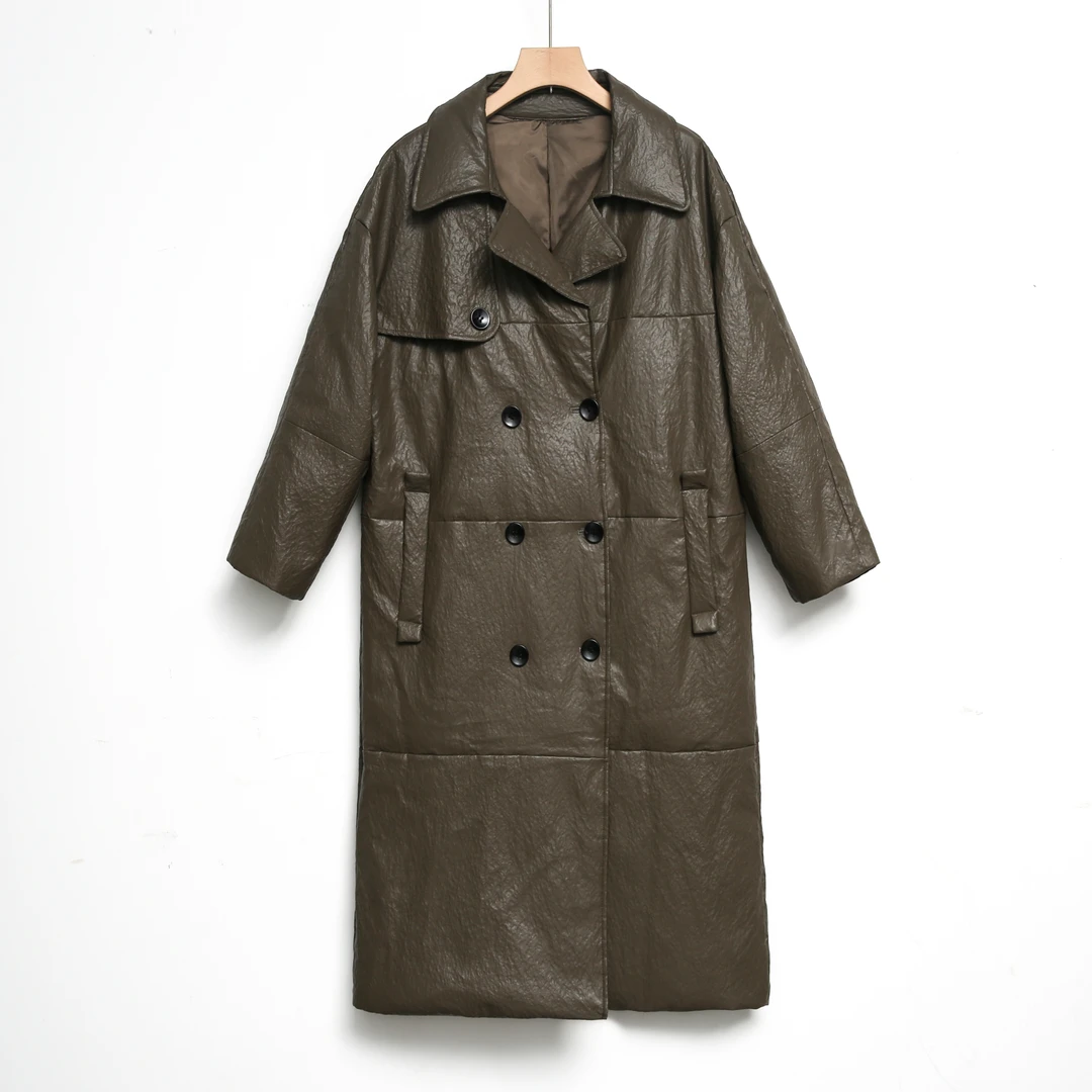 冬季风衣款皮衣大长款过膝陨石纹小羊皮鹅绒加厚保暖外套显瘦