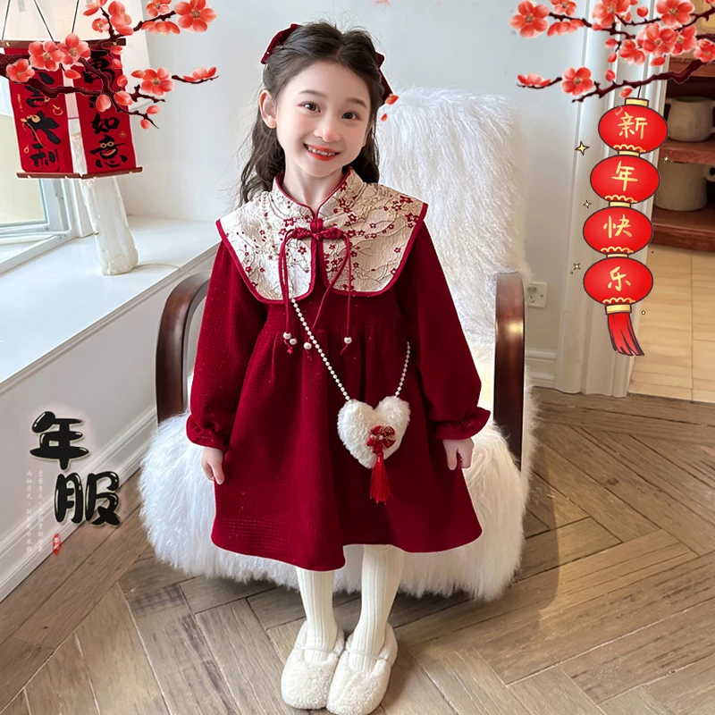 拜年服女童加绒连衣裙冬季2024新款儿童新年装女宝宝过年公主裙子