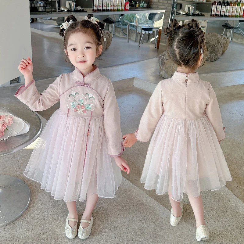 女童汉服连衣裙2024新款小童春秋款中国风旗袍裙春装儿童网纱裙春