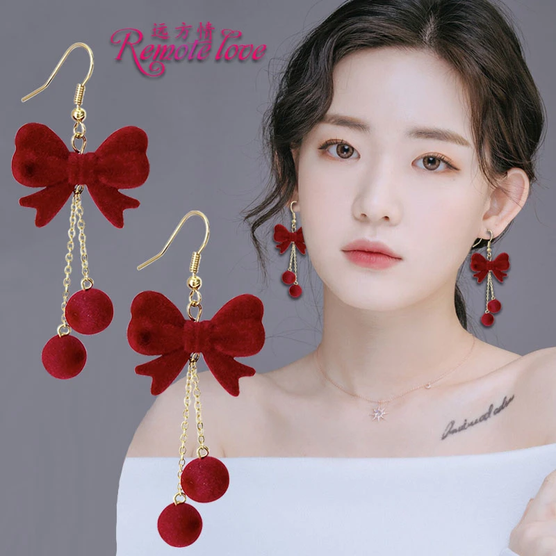remote love/远方情 锌合金布艺耳饰 洋气红植绒蝴蝶结耳环E1424