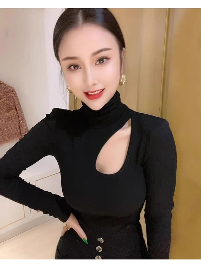 高领打底衫小众设计感镂空加绒磨毛性感时尚紧身上衣女秋冬内搭