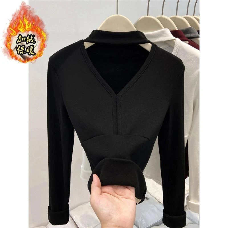 镂空磨毛加绒秋冬新款长袖t恤女2025设计感性感打底衫内搭上衣潮