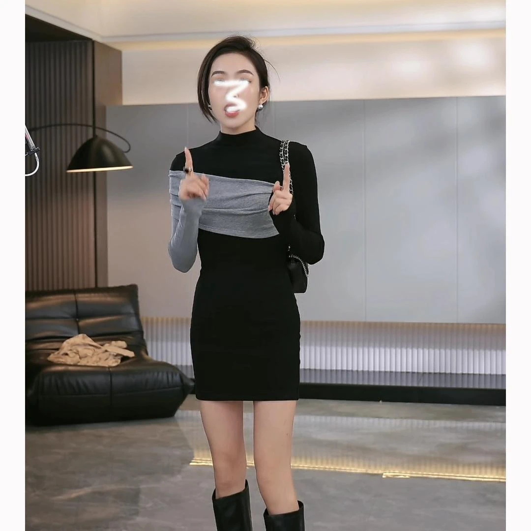 秋冬高级半高领黑色修身显瘦百搭气质连衣裙加绒打底