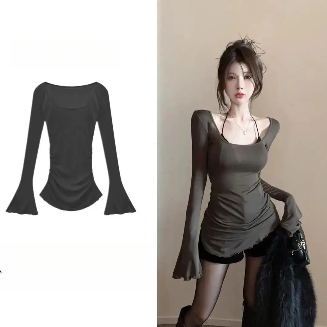 纯欲风辣妹微透圆领长袖T恤女2025秋冬季修身显瘦收腰打底衫开叉