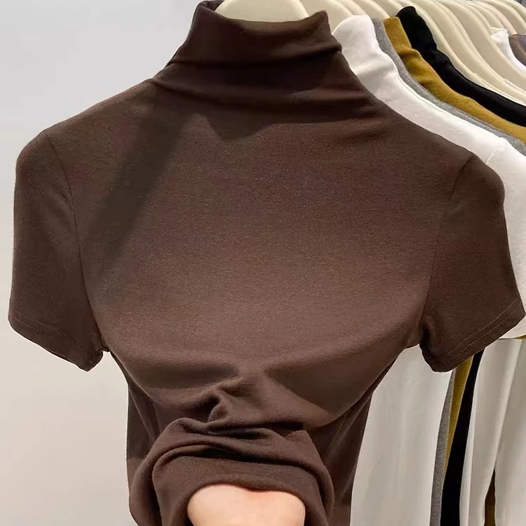 软糯基础款纯色半高领短袖t恤女春秋百搭螺纹打底小衫修身上衣潮