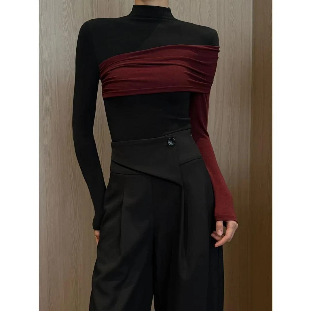 韩版时髦撞色设计感半高领长袖T恤女2024秋季新款气质休闲上衣ins