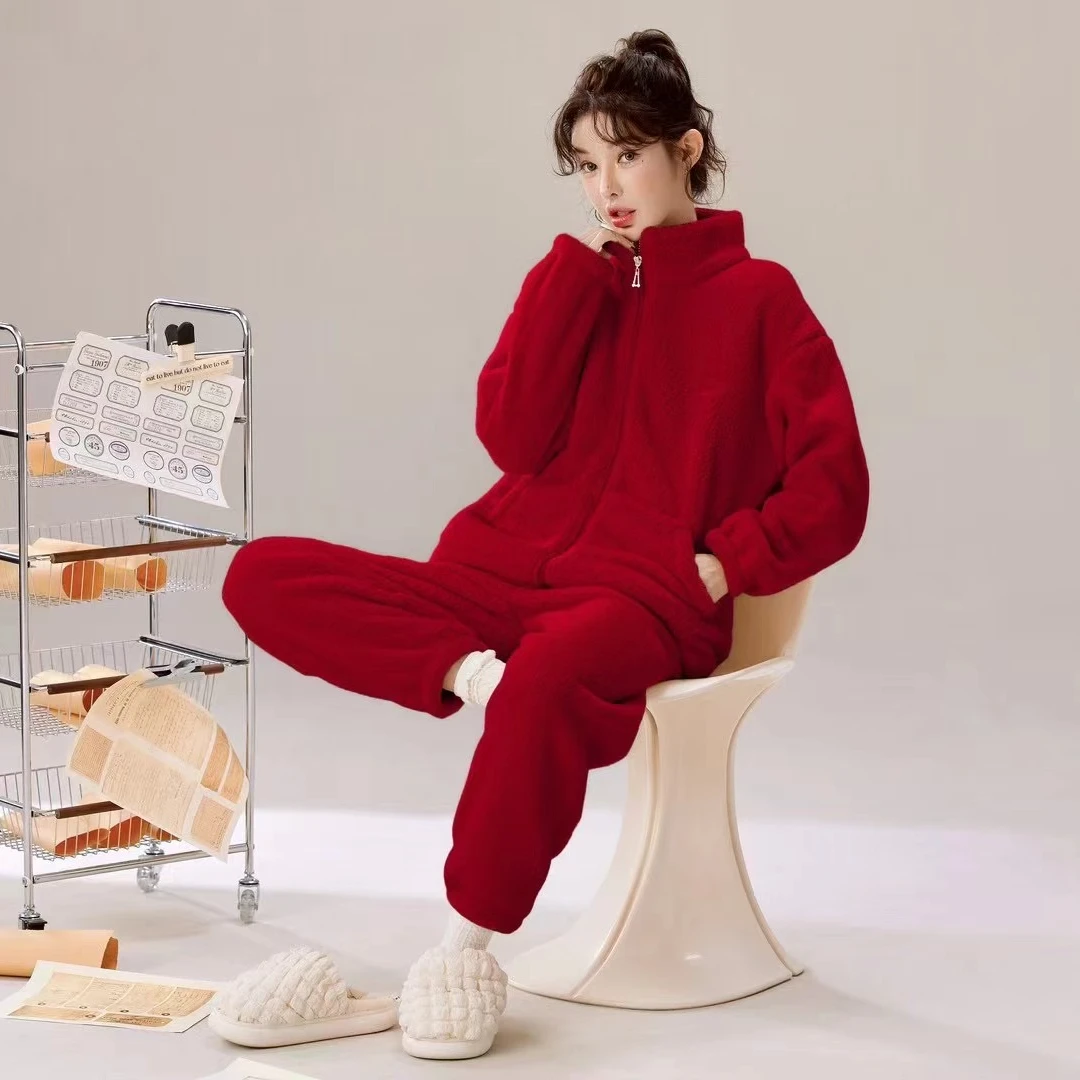 秋冬新款摇粒绒拉链加厚保暖套装女士家居服