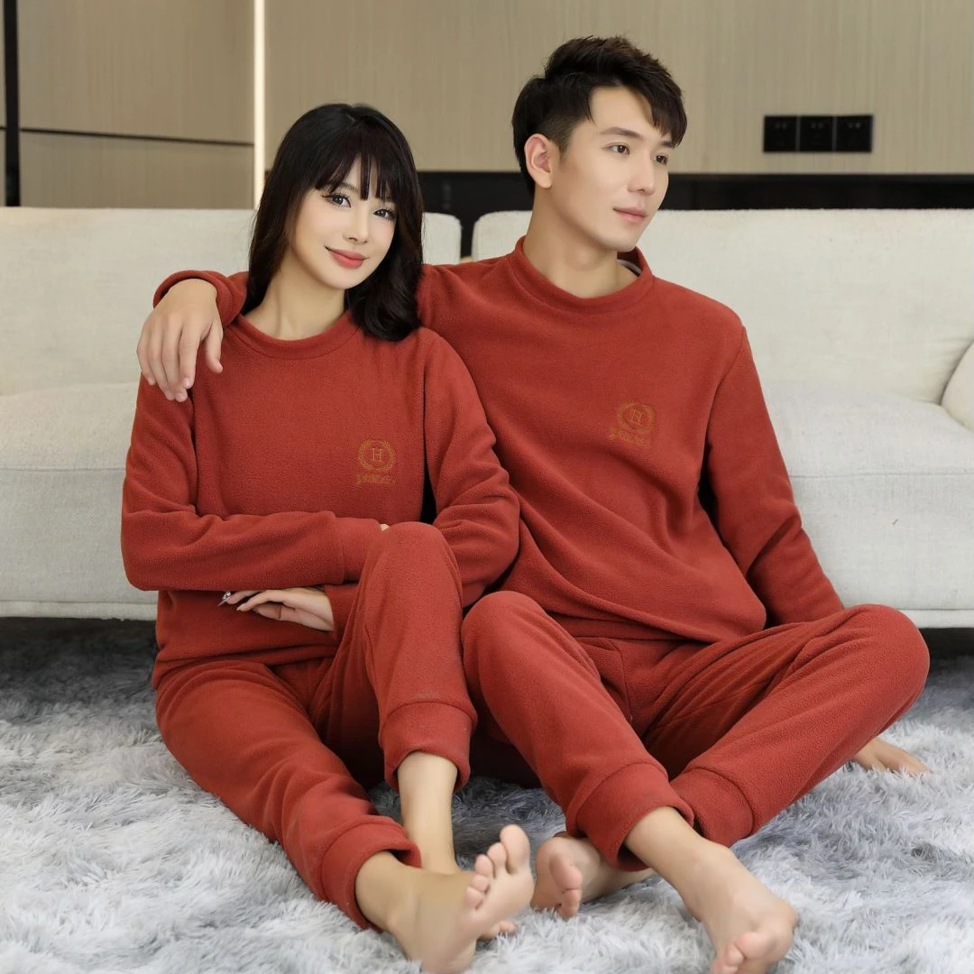 2025新款女士圆领颗粒绒加绒睡衣家居服套装