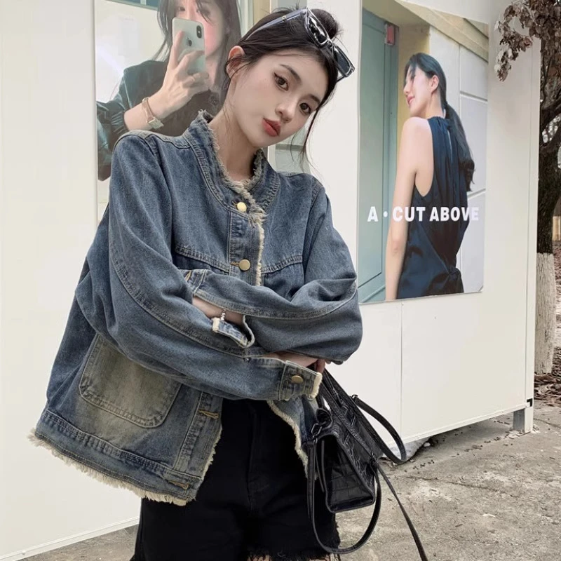 复古设计感毛边立领夹克女2025春季新款小个子宽松显瘦牛仔衣外套