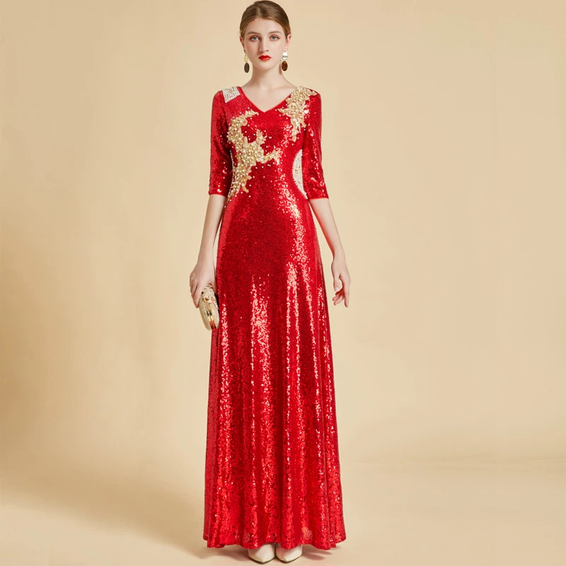 高贵质感酒红色婚礼长款妈妈喜婆婆年会主持晚礼服气质亮片敬酒服