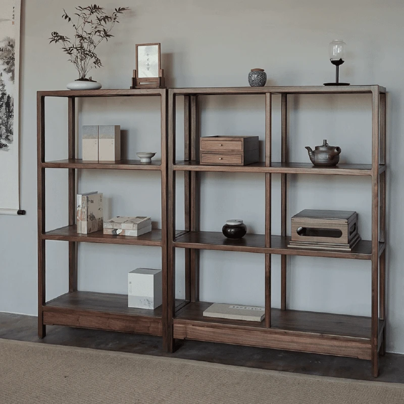 北美黑胡桃木实木原木整装博古架茶室书房禅意简约收纳置物架客厅