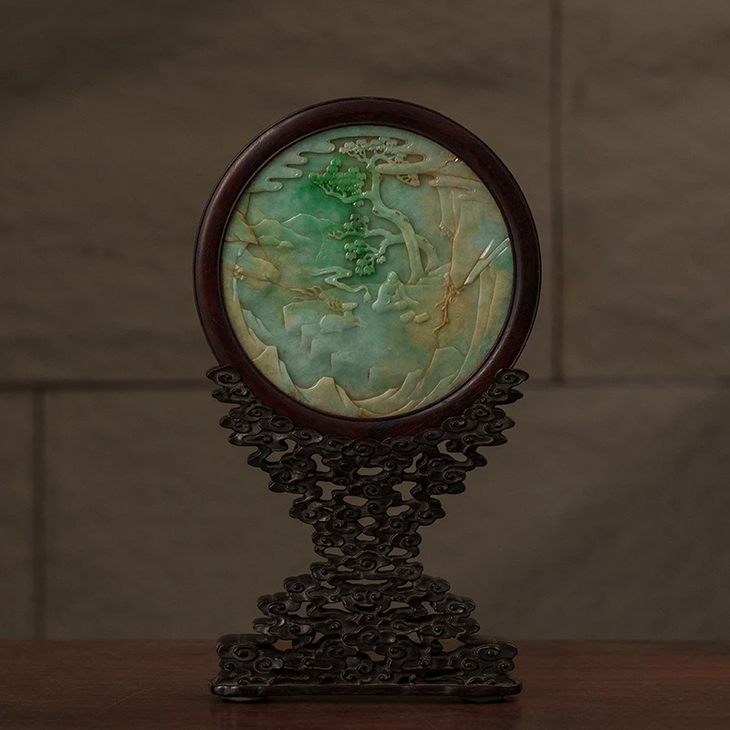 清 红木透雕云纹座镶翡翠仙山人物插屏 古董艺术品