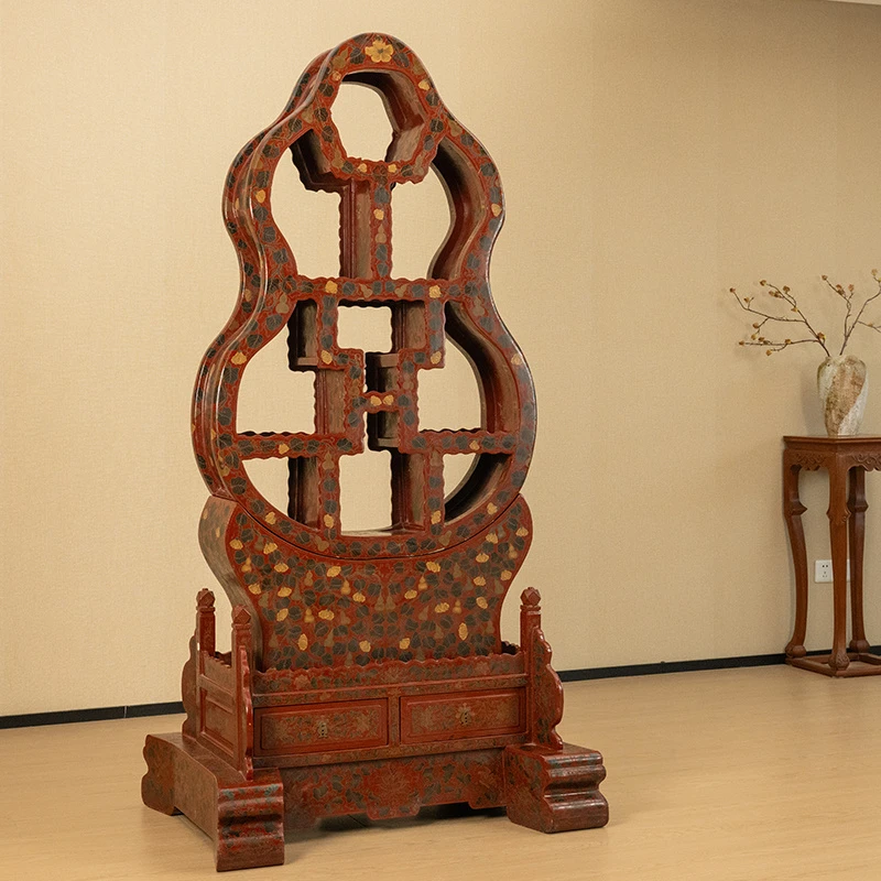 清代 朱漆彩绘葫芦形座屏式多宝格古董收藏