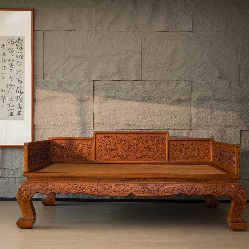 【海黄精品】黄花梨浮雕螭龙灵芝三弯腿三围屏罗汉床明式家具海黄床