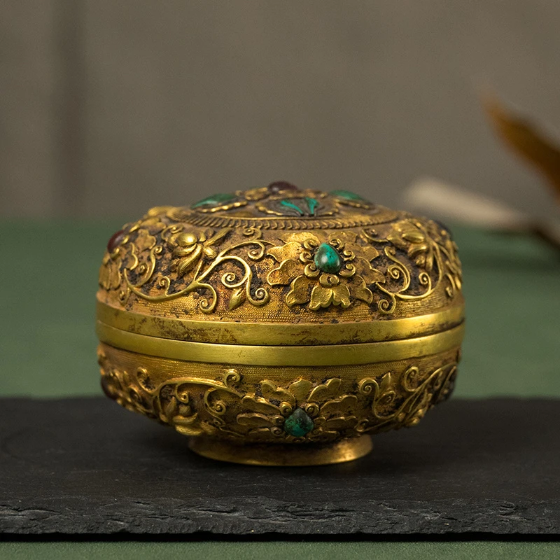 清 铜鎏金嵌宝石宝相花卉纹圆形香盒古董艺术品