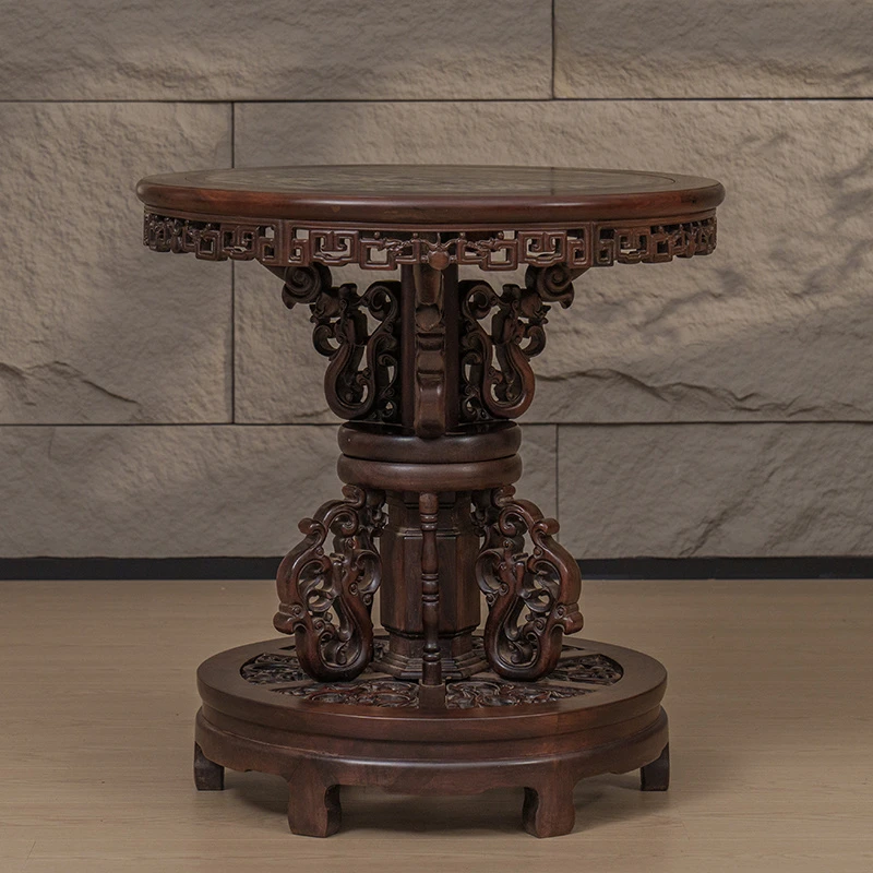 清 红木镶云石透雕龙纹百灵台古董家具
