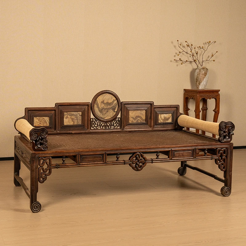 清 红木镶云石五屏式贵妃榻古董收藏 明清古典家具罗汉床