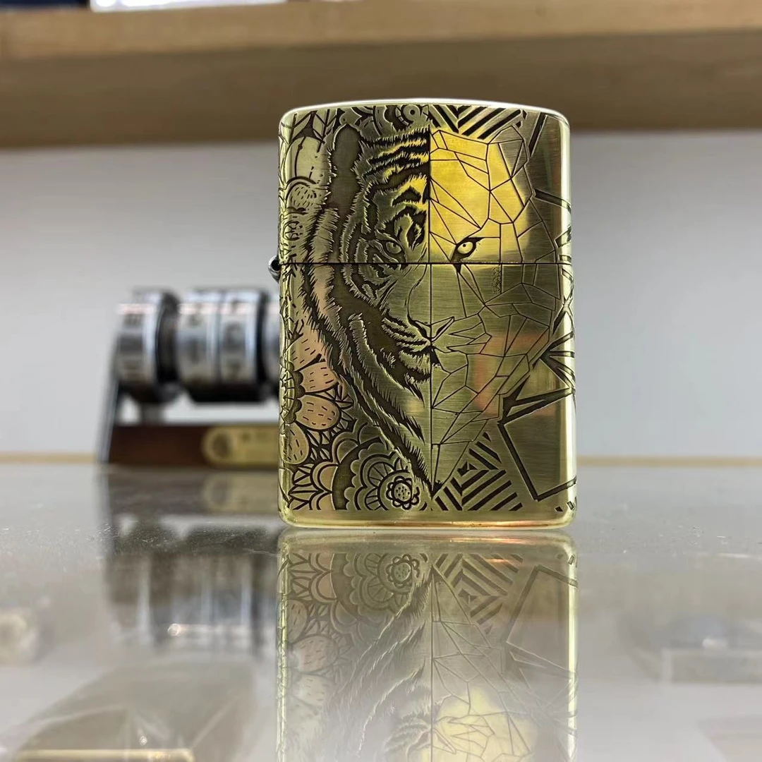 ZIPPO【直播】打火机DIY版黄铜精雕方格老虎男士双面金色防风