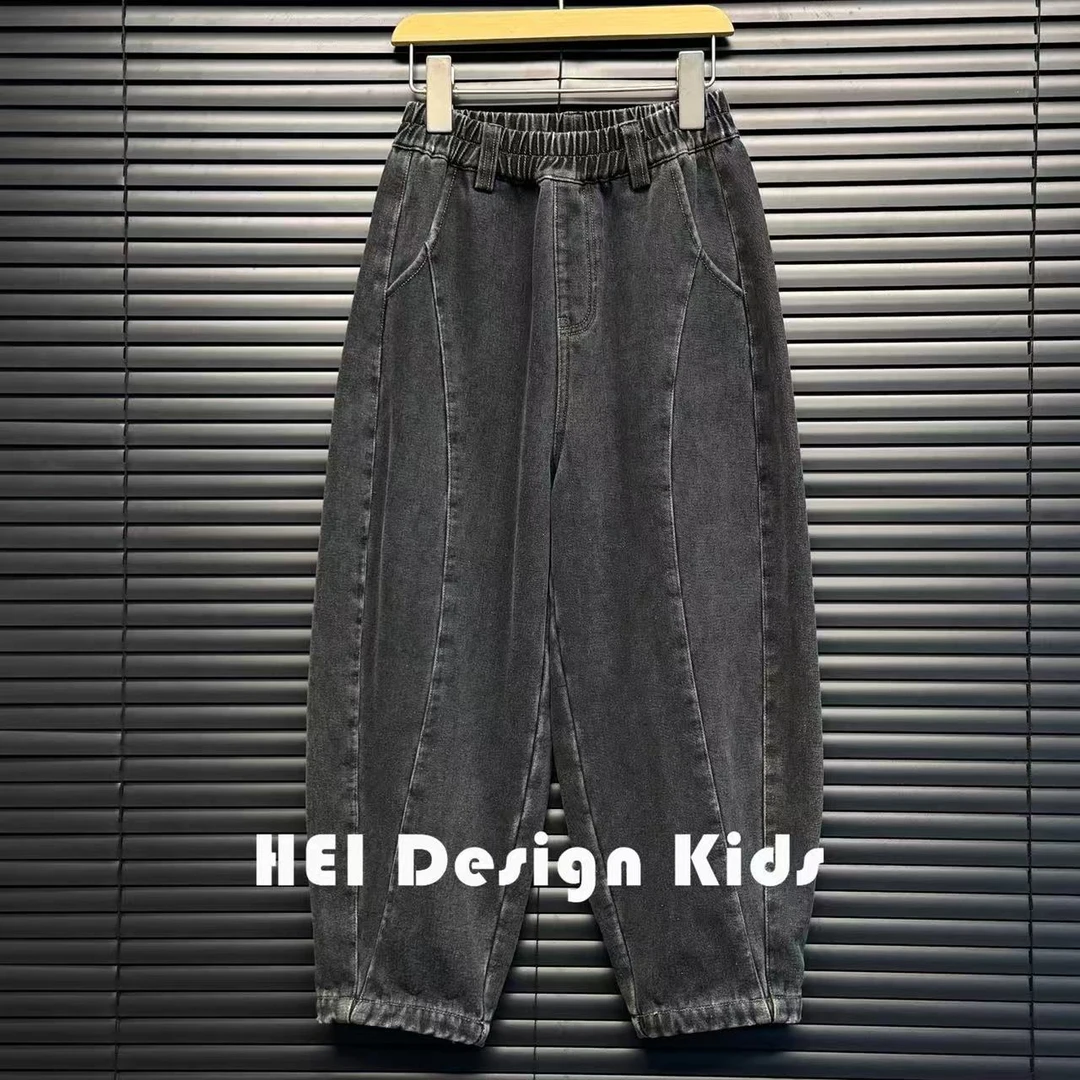 时尚百搭设计师款加绒加厚水洗做旧宽版小脚牛仔裤中大童 7N10