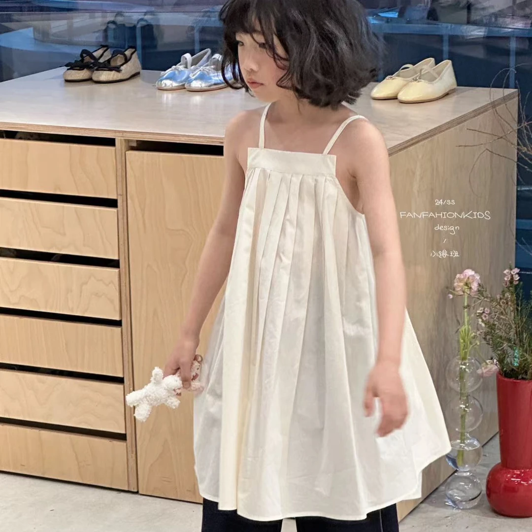 【设计师品牌】韩版时尚中大童亲子百搭压褶吊带纯色连衣裙 6050