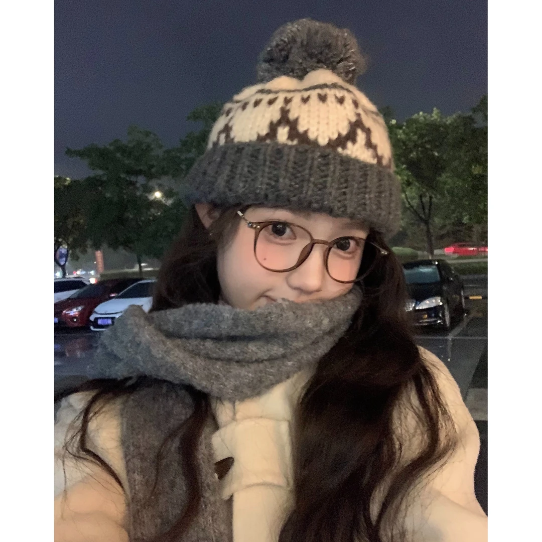 日系复古费尔岛针织帽子女冬季冰岛可爱毛球毛线帽古着感护耳冷帽